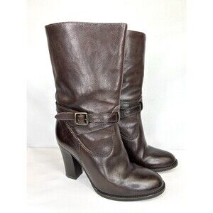 J Crew Brown Leather Mid-Calf Heeled Boots Size 6 Ankle Strap Made In Italy